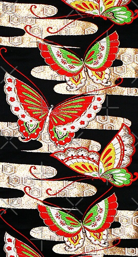 Antique Japanese Butterflies Red Black White Pattern By