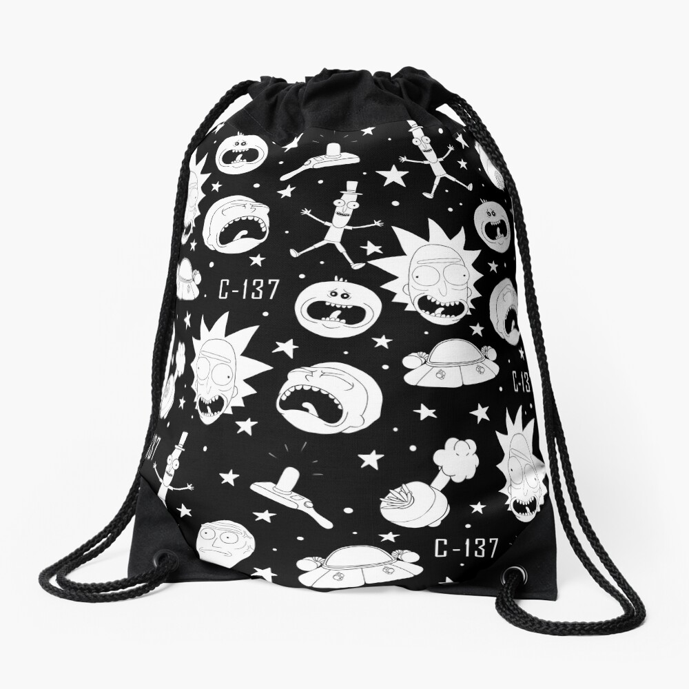 Black and white Rick and Morty pattern Drawstring Bag