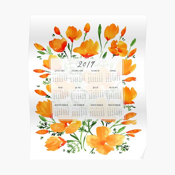 2019 calendar with watercolor flowers Poster
