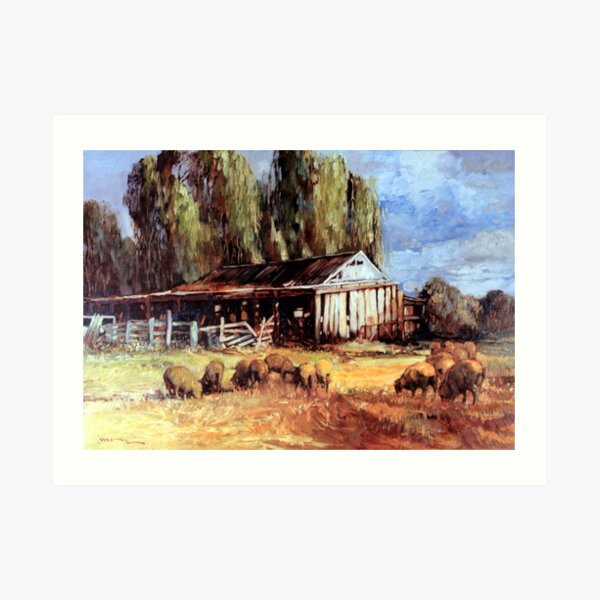 Old Slab Yards and Sheep - Australian Rural Scene Art Print