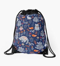 Fairy forest with animals and birds. Raccoons, owls, bunnies and little chick. Drawstring Bag