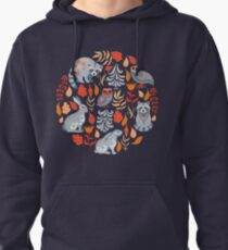 Fairy forest with animals and birds. Raccoons, owls, bunnies and little chick. Pullover Hoodie