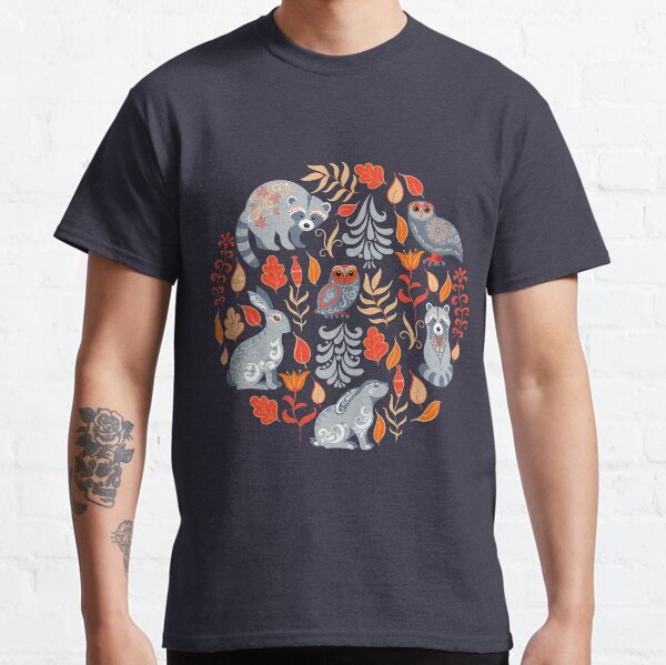 Fairy forest with animals and birds. Raccoons, owls, bunnies and little chick. Classic T-Shirt
