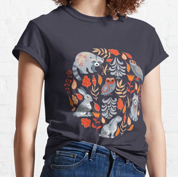 Fairy forest with animals and birds. Raccoons, owls, bunnies and little chick. Classic T-Shirt