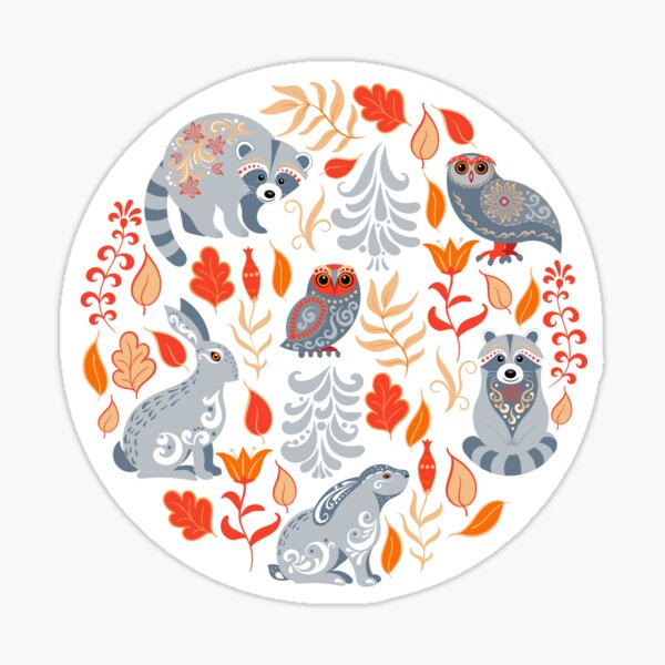 Fairy forest with animals and birds. Raccoons, owls, bunnies and little chick. Sticker