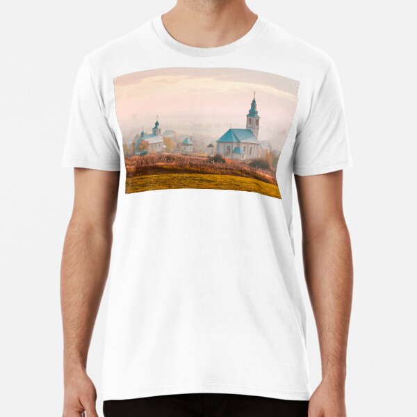 catholic and orthodox churches at foggy sunrise Premium T-Shirt