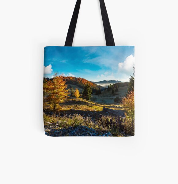 wonderful autumn sunrise with fog in the valley All Over Print Tote Bag