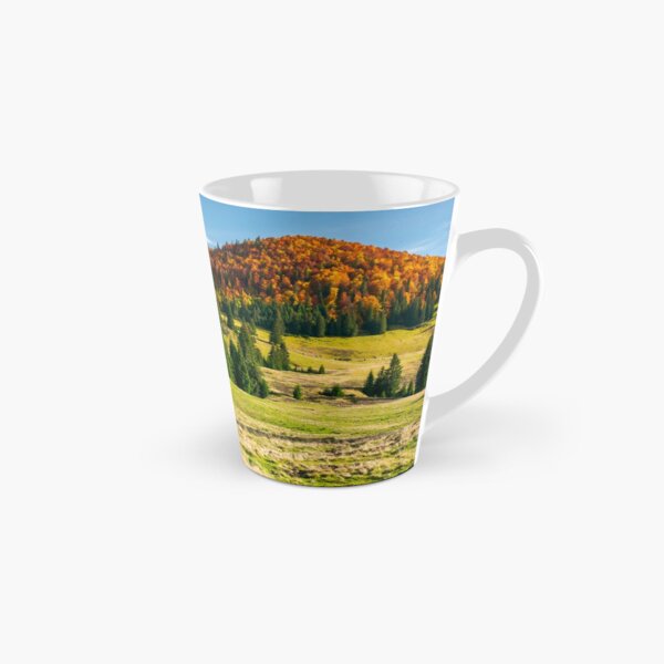 pond on a grassy meadow among spruce trees Tall Mug