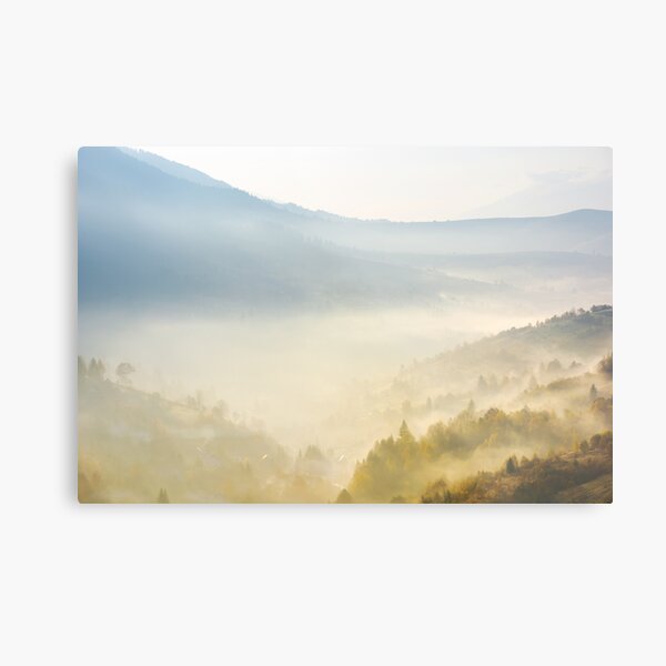 valley in fog at sunrise Metal Print