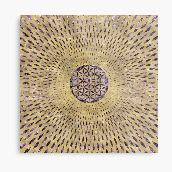 Flower of Life Amethyst and Gold Metal Print