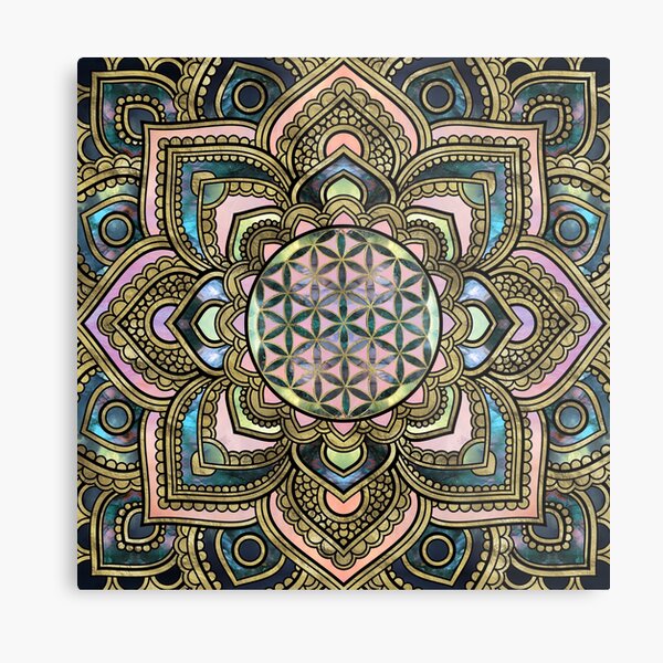 Flower of Life in Lotus - Marble and Gold Metal Print