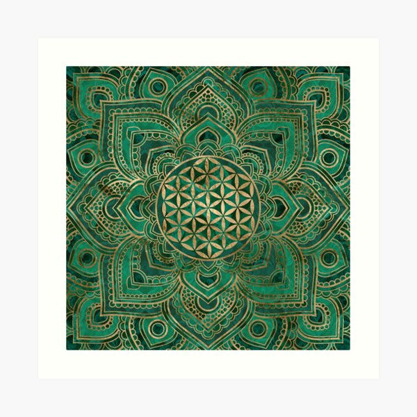 Blume des Lebens in Lotus - Malachit und Gold Kunstdruck