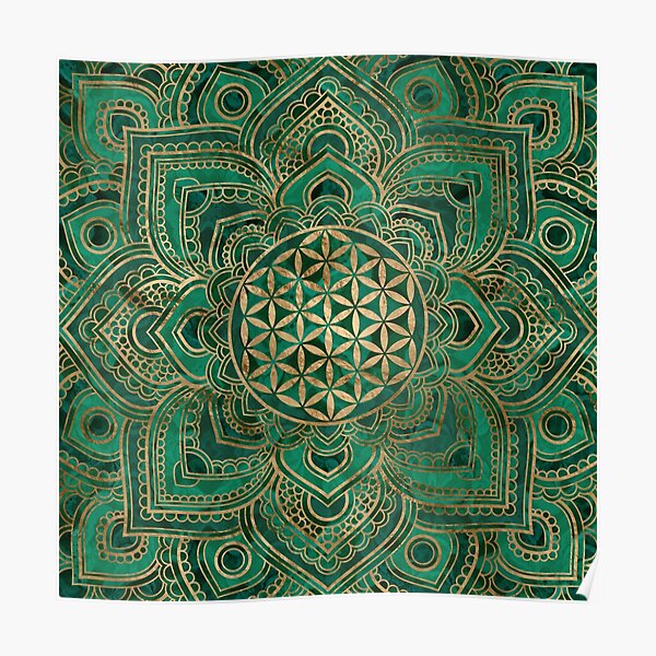 Flower of Life in Lotus - Malachite and gold Poster