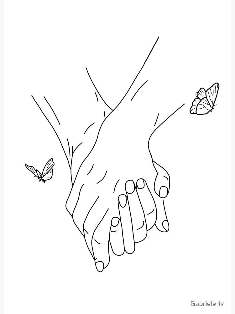 Romantic Holding Hands Outline Drawing Loving Couple On Wood Print