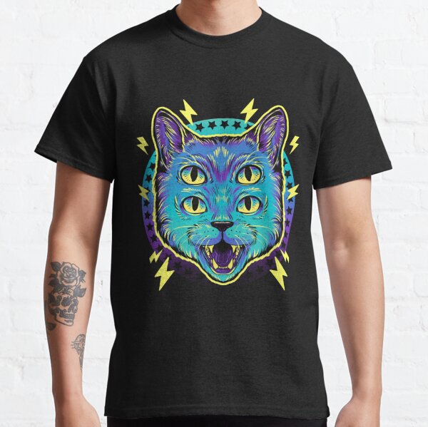 Vintage Cat T-Shirt Funny Cat Glowing Eyes Black Green Kitty Cat Big Logo Shirt