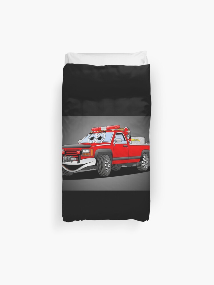 Pick Up Fire Truck Black Background Cartoon Duvet Cover By