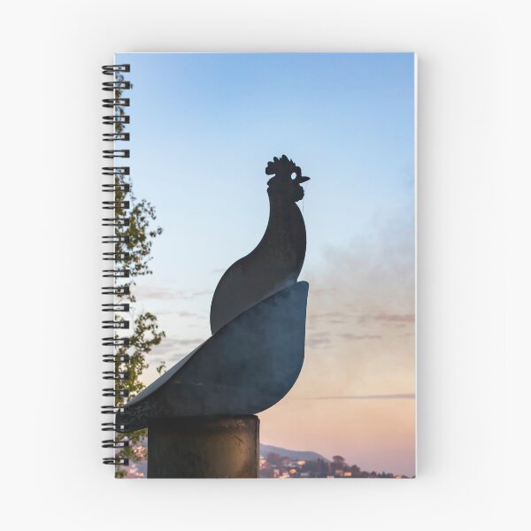 Item preview, Chimney with an iron rooster on top against the backdrop of a mountain village in the rays of the sunset.  designed and sold by EG Creativity Art.