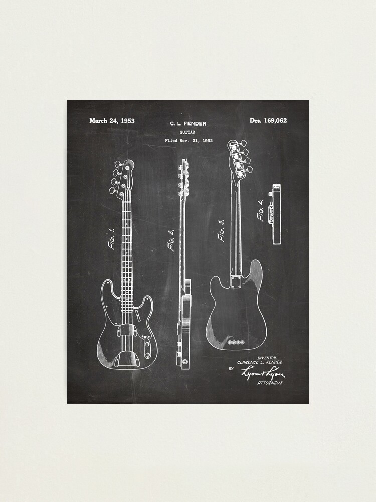 Alternate view of Fender Bass Patent - Fender Guitar Art - Black Chalkboard Photographic Print