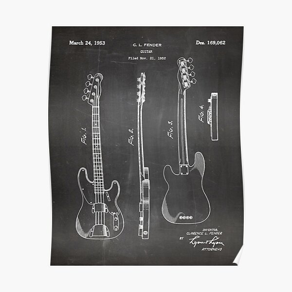 Fender Bass Patent - Fender Guitar Art - Black Chalkboard Poster
