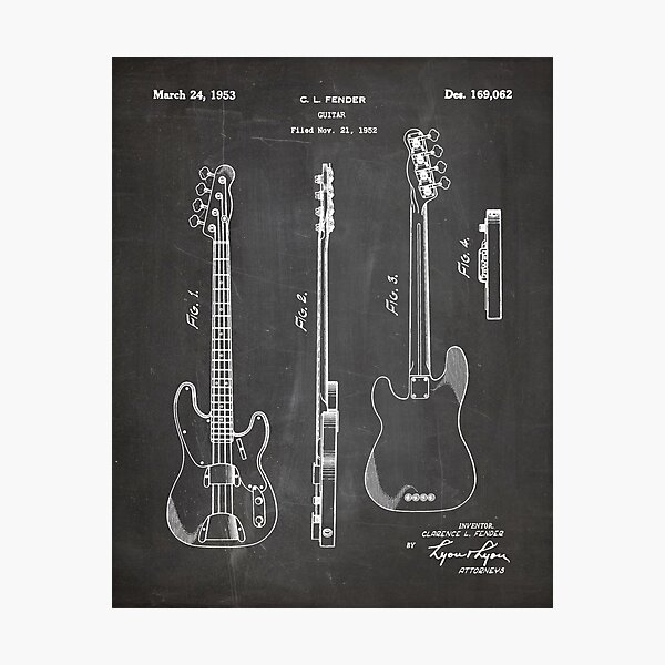 Fender Bass Patent - Fender Guitar Art - Black Chalkboard Photographic Print