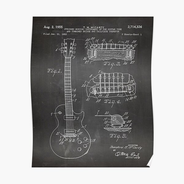 Gibson Guitar Patent - Les Paul Guitar Art - Black Chalkboard Poster