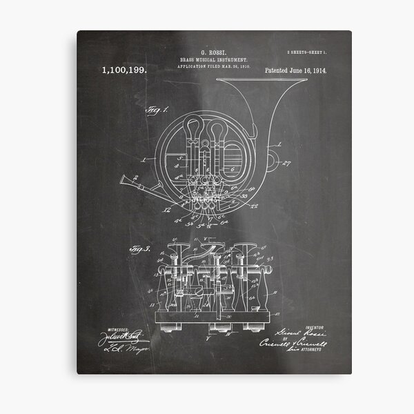 French Horn Patent - Horn Player Art - Black Chalkboard Metal Print