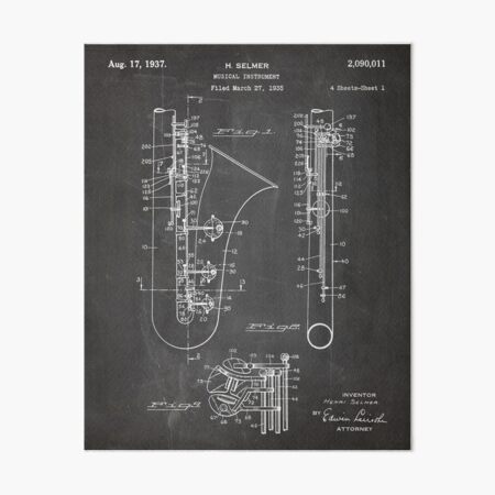 Selmer Saxophone Patent - Saxophone Art - Black Chalkboard Art Board Print