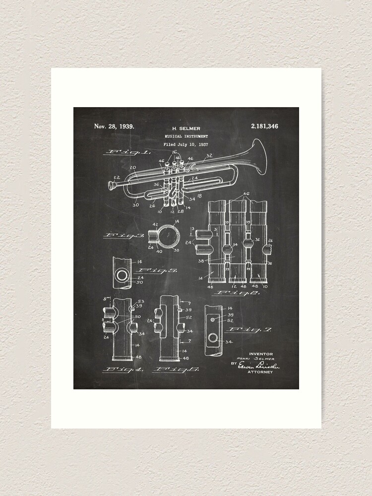 "Selmer Trumpet Patent Trumpet Art Black Chalkboard" Art Print by