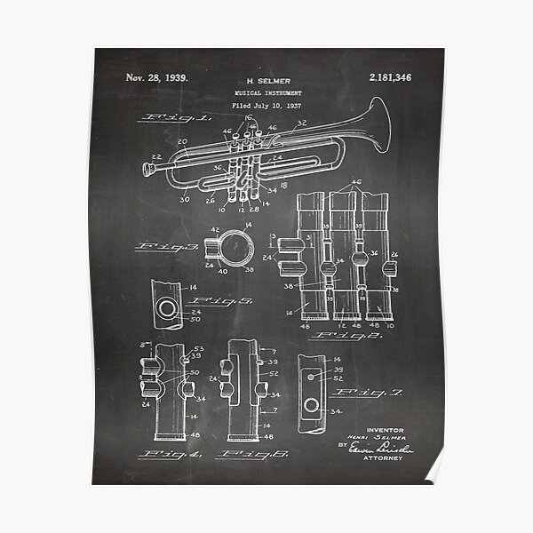 "Selmer Trumpet Patent Trumpet Art Black Chalkboard" Poster by
