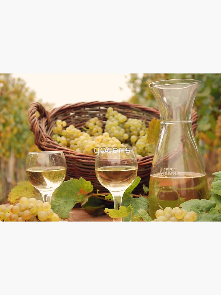white wine and grape in vineyard on wooden barrel Poster