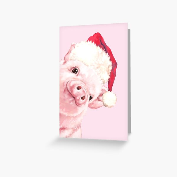 Sneaky Santa Baby Pig in Pink Greeting Card