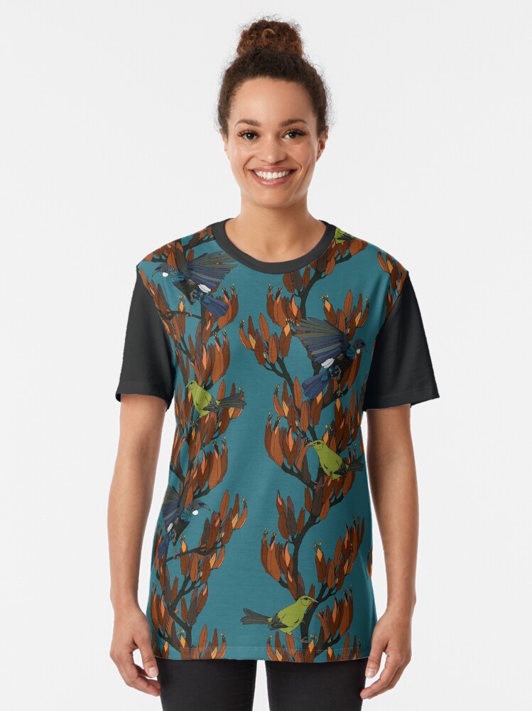 Alternate view of Tui and Koromiko on Harakeke Graphic T-Shirt