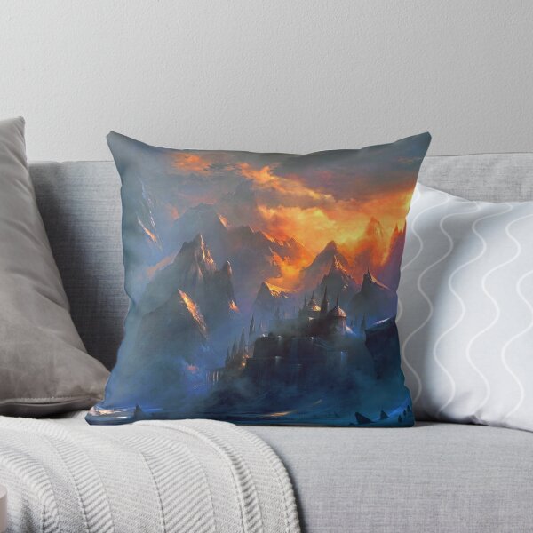 fantasy landcape - mountain village Throw Pillow