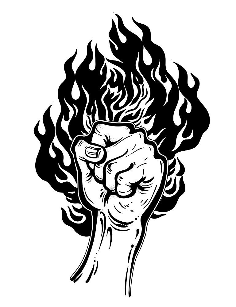 "Raised hand as a fist gesture with fire burning." by KatjaGerasimova