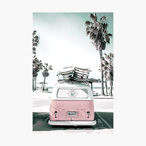 pink kombi van surf art in pastel Photographic Print