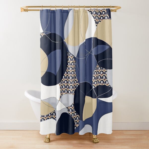 Thistle Geometric Blue and Khaki Circle Print Shower Curtain