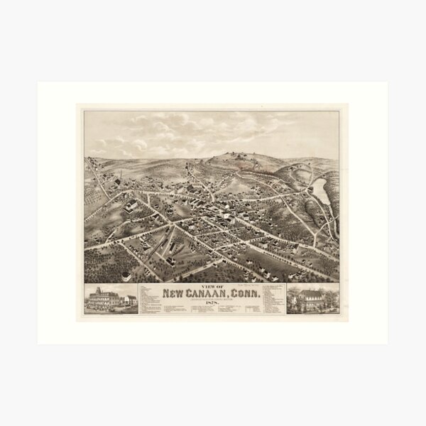 Vintage Pictorial Map of New Canaan CT (1878) Art Print