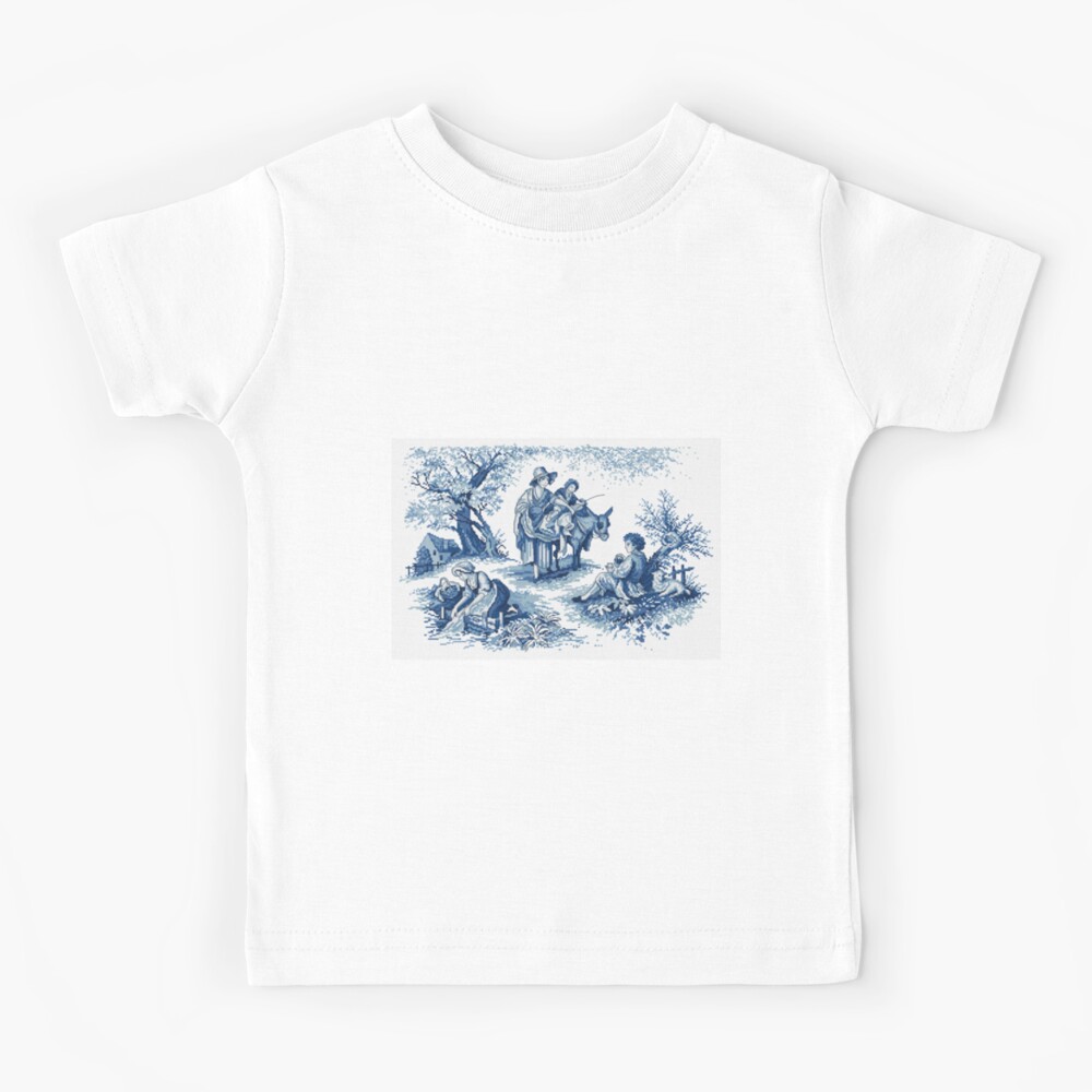 Kid's Long-Sleeved T-Shirt Blue Cotton Jersey with Faded Toile de Jouy  Print