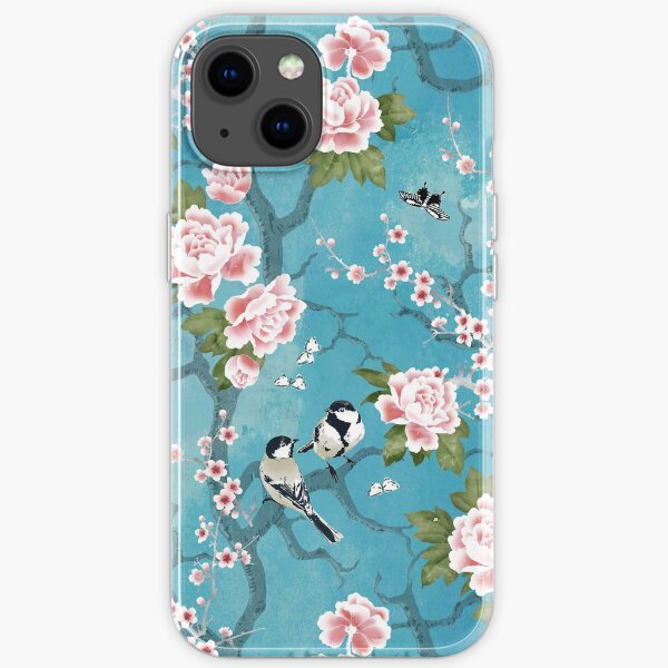 Chinoiserie birds in turquoise blue iPhone Soft Case