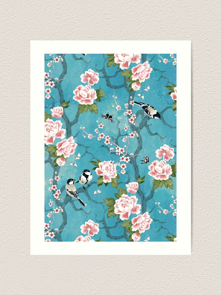 Alternate view of Chinoiserie birds in turquoise blue Art Print