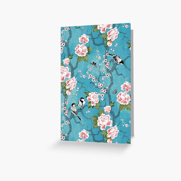 Chinoiserie birds in turquoise blue Greeting Card