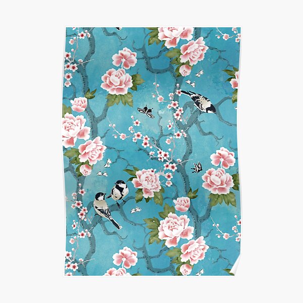 Chinoiserie birds in turquoise blue Poster
