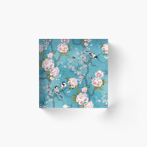 Chinoiserie birds in turquoise blue Acrylic Block