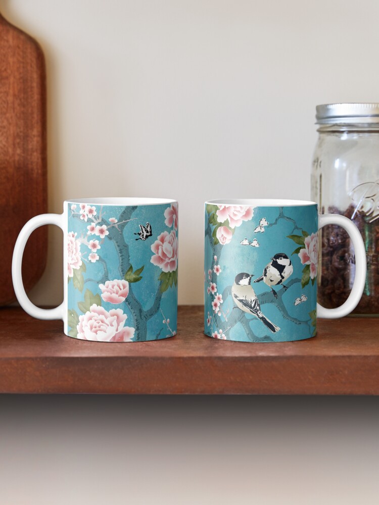 Thumbnail 2 of 6, Coffee Mug, Chinoiserie birds in turquoise blue designed and sold by adenaJ.