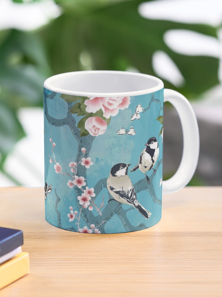 Thumbnail 1 of 6, Coffee Mug, Chinoiserie birds in turquoise blue designed and sold by adenaJ.