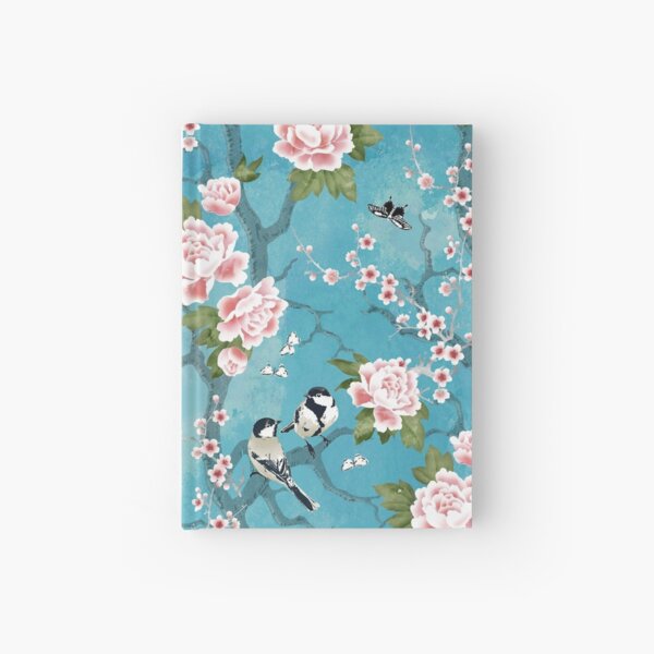 Chinoiserie birds in turquoise blue Hardcover Journal