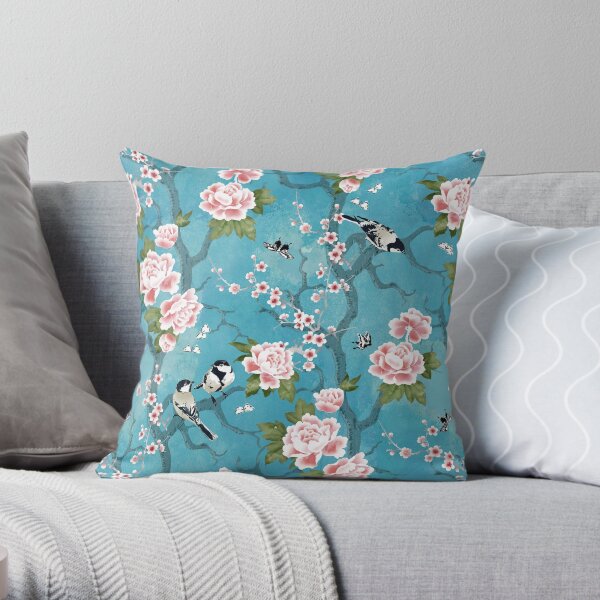 Chinoiserie-Vögel in Türkisblau Dekokissen