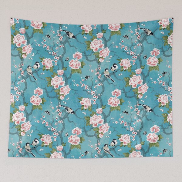 Item preview, Chinoiserie birds in turquoise blue designed and sold by adenaJ.