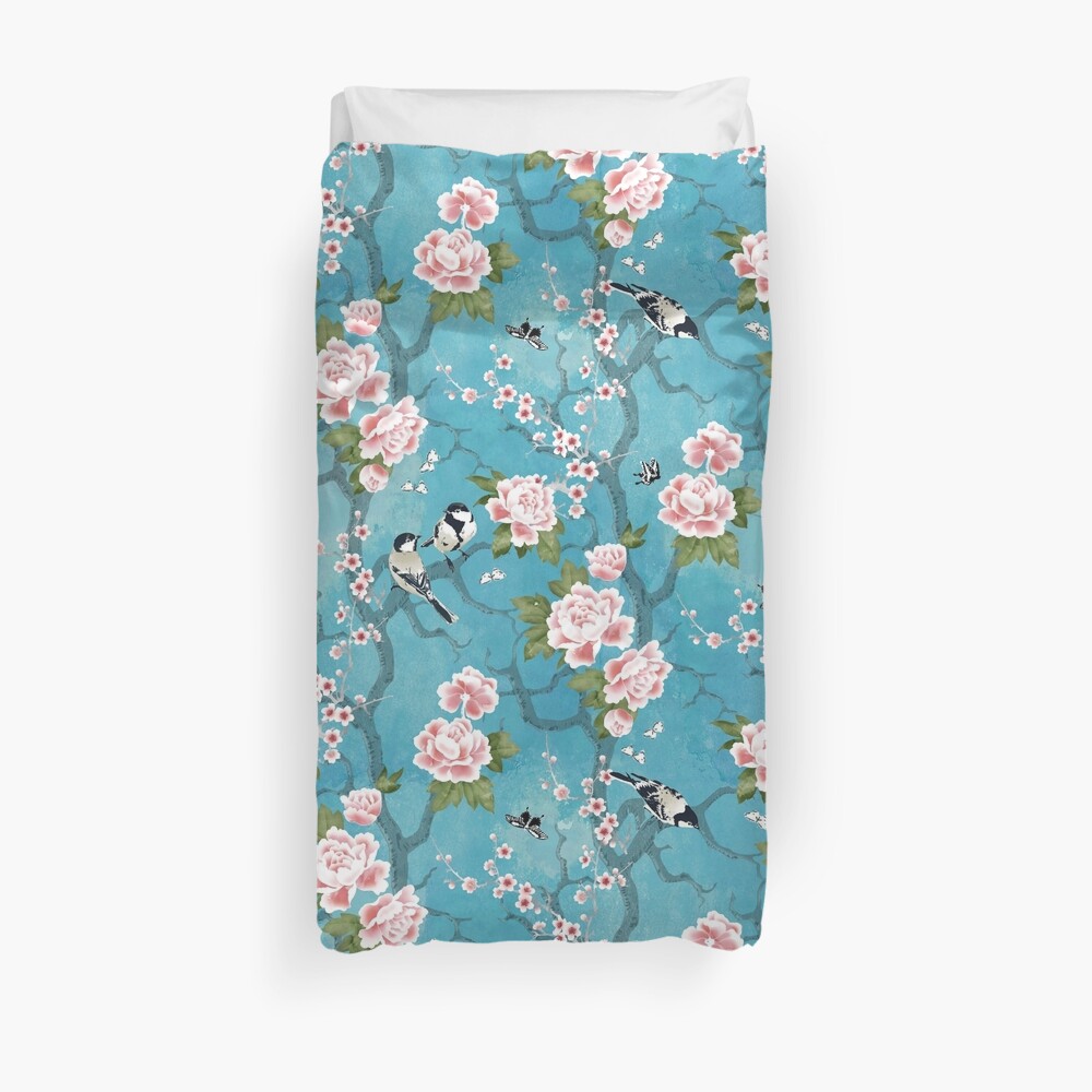 Chinoiserie birds in turquoise blue Duvet Cover