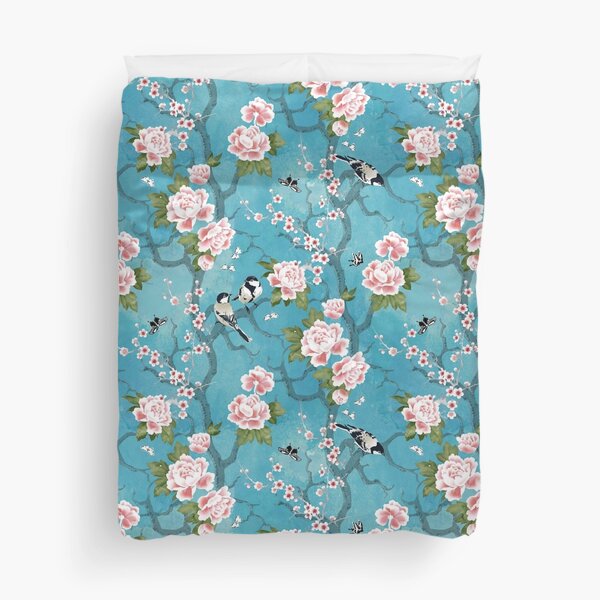 Chinoiserie birds in turquoise blue Duvet Cover